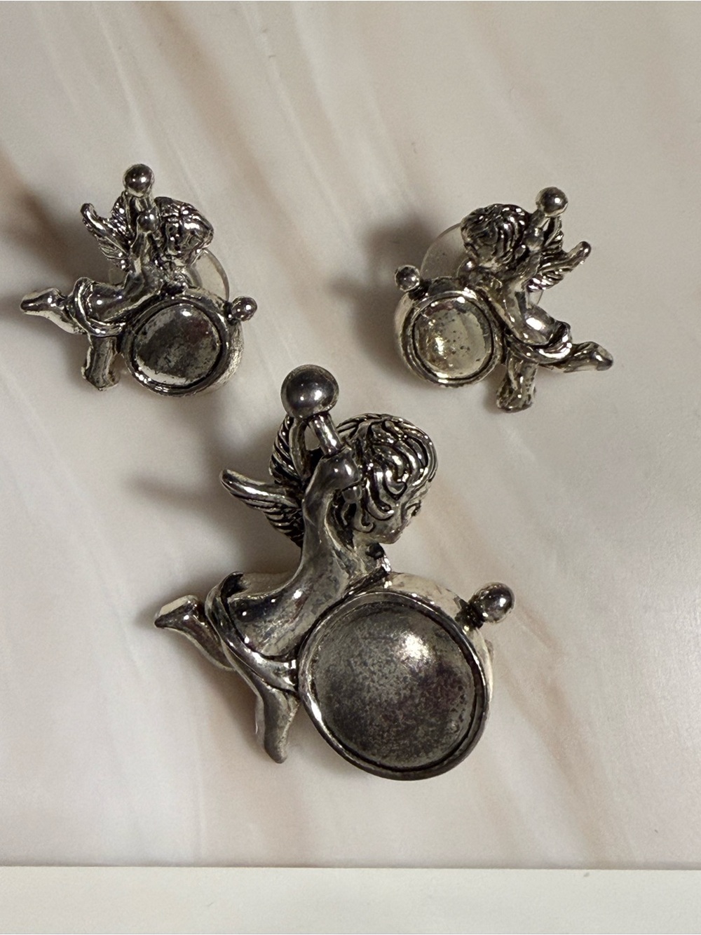 Vintage Silver-tone Cherub Pin and Earrings Set - Angel Motif